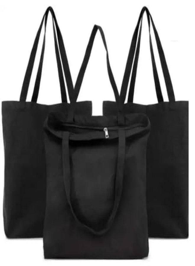 Wofier® Women's Cotton Canvas Tote Bag with Zipper, Reusable 100% Eco-Friendly- Natural (Pack Of 3) Black - Image 1